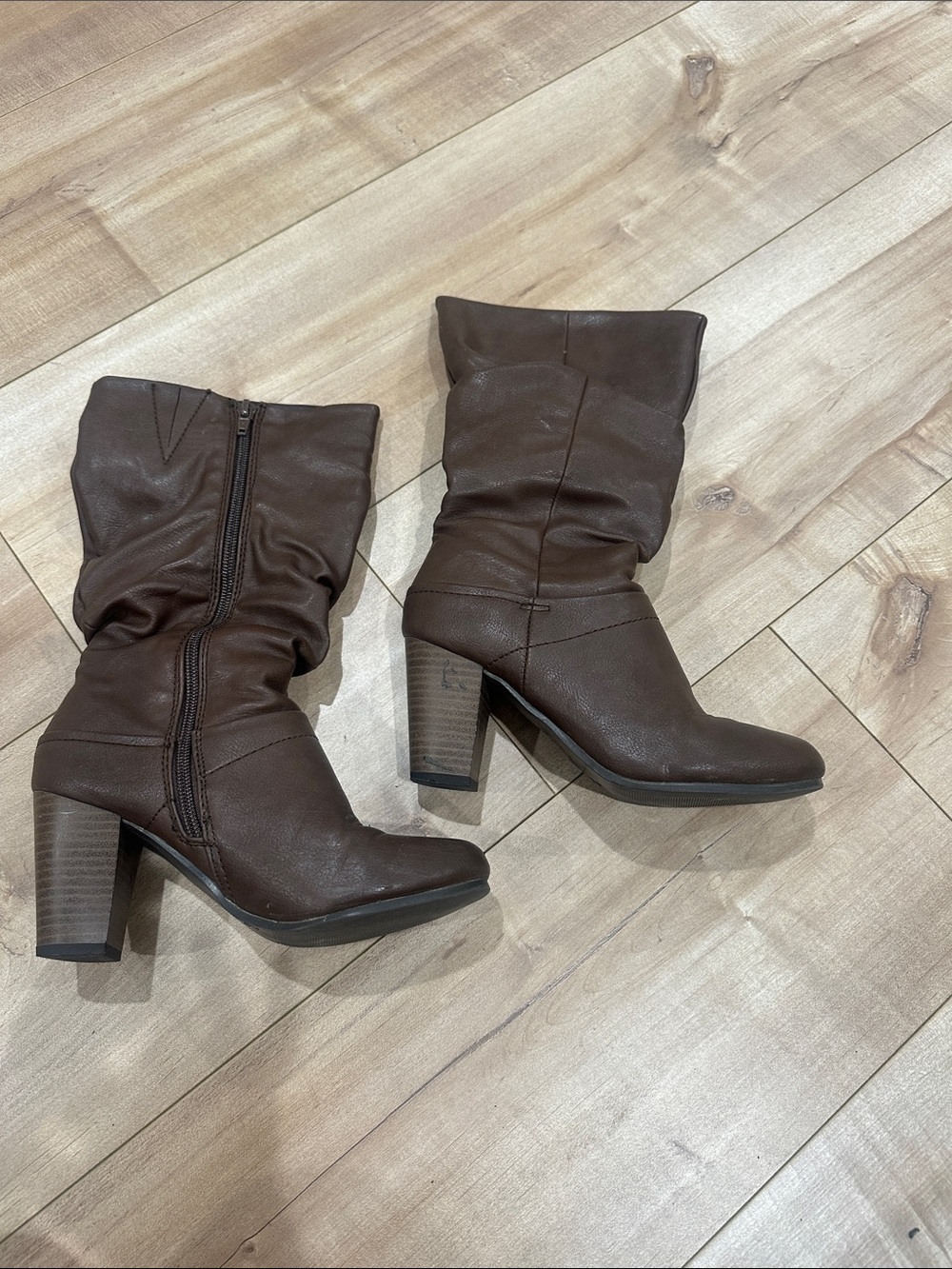 Cathy Jean Brown Mid-Calf Slouch Heel Boots